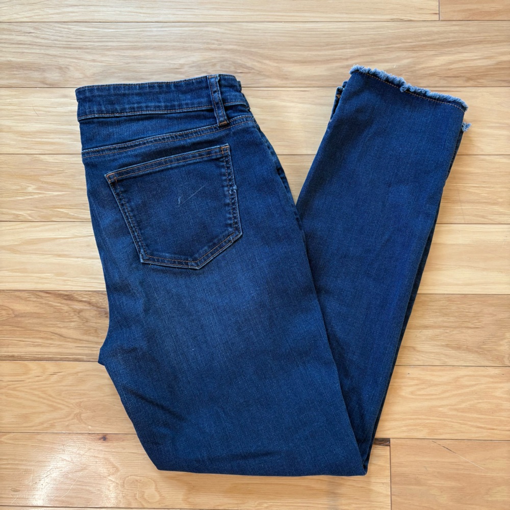 Eileen Fisher Frayed Ankle Jeans Womens Sz 8 Mid Rise Dark Wash Stretch Denim